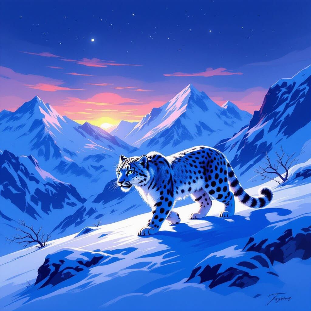 Majestic Snow Leopard in Ethereal Twilight Mountain Landscap...