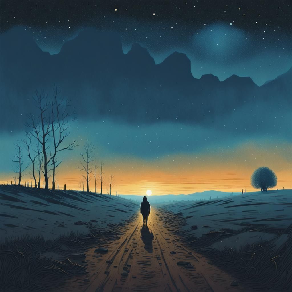 Lone Figure Under Starry Sky in Digital Landscape