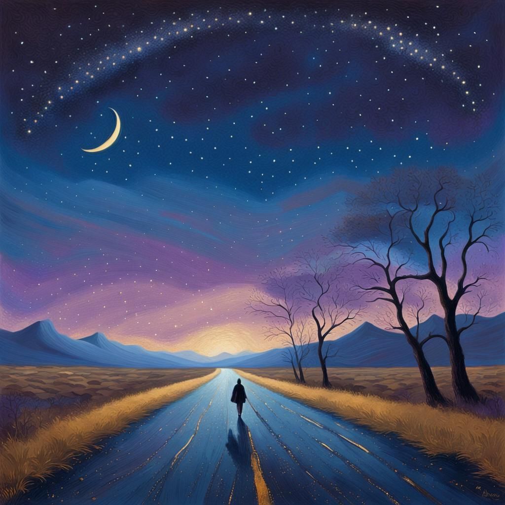 Lone Figure Walks Serene Road Under Starry Sky