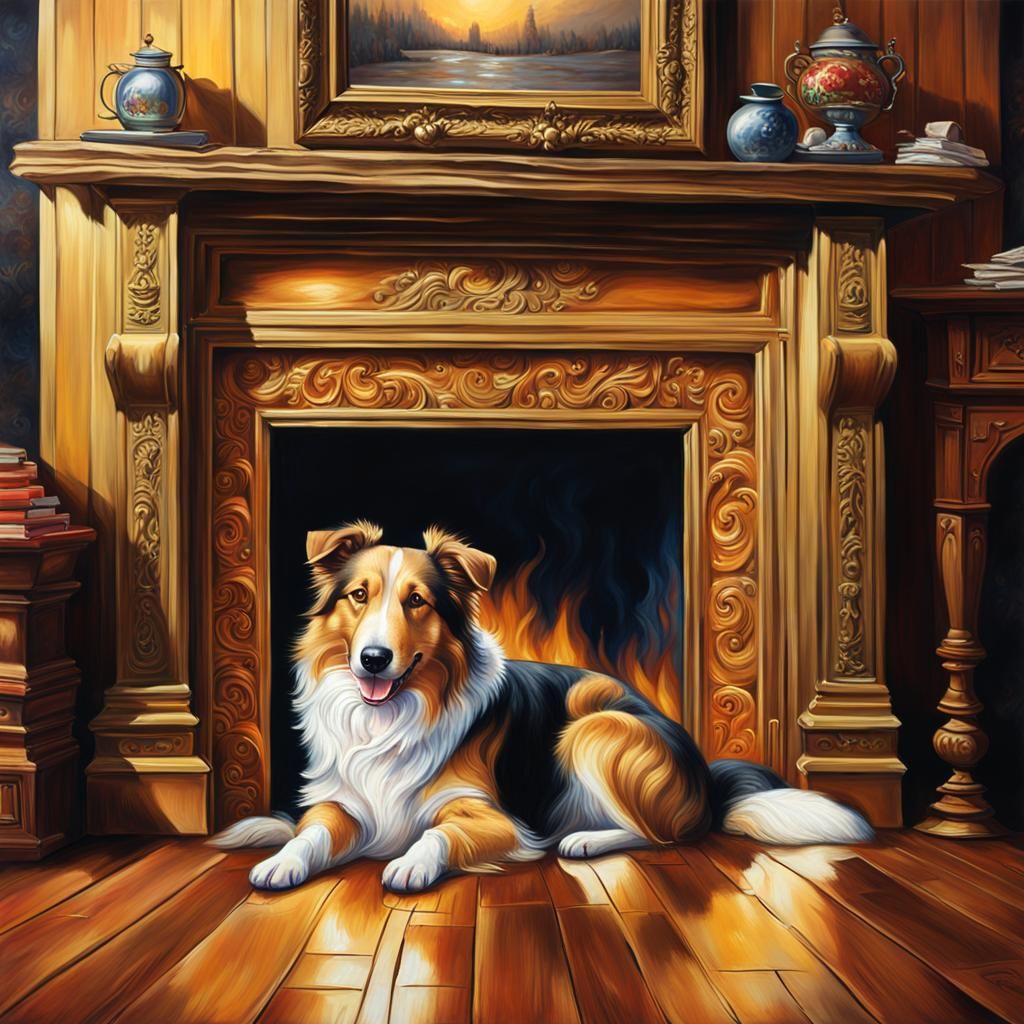 Collie Dog by Fireplace: A Detailed Oil Painting