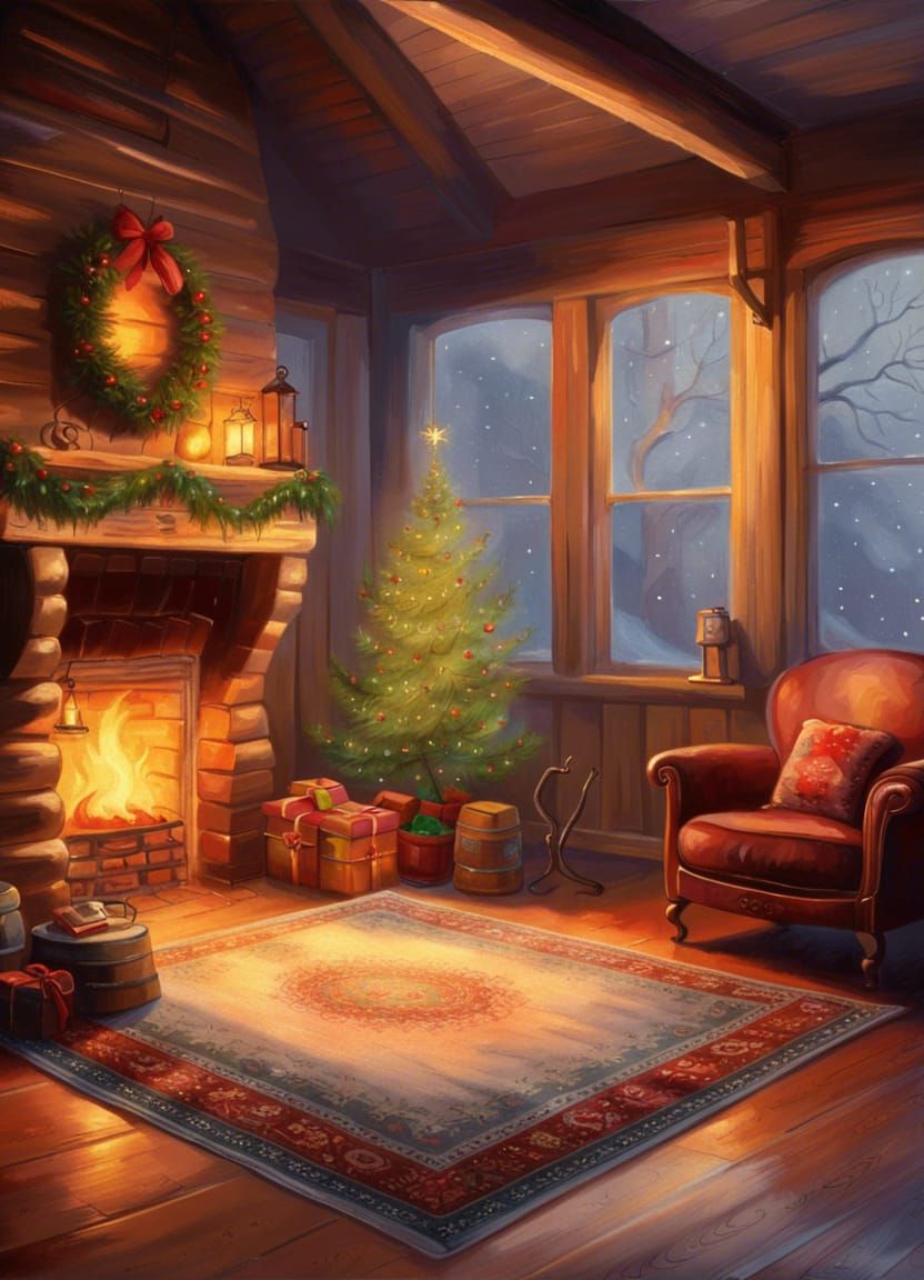 Cozy Christmas Cottage Interior in Oil Painting