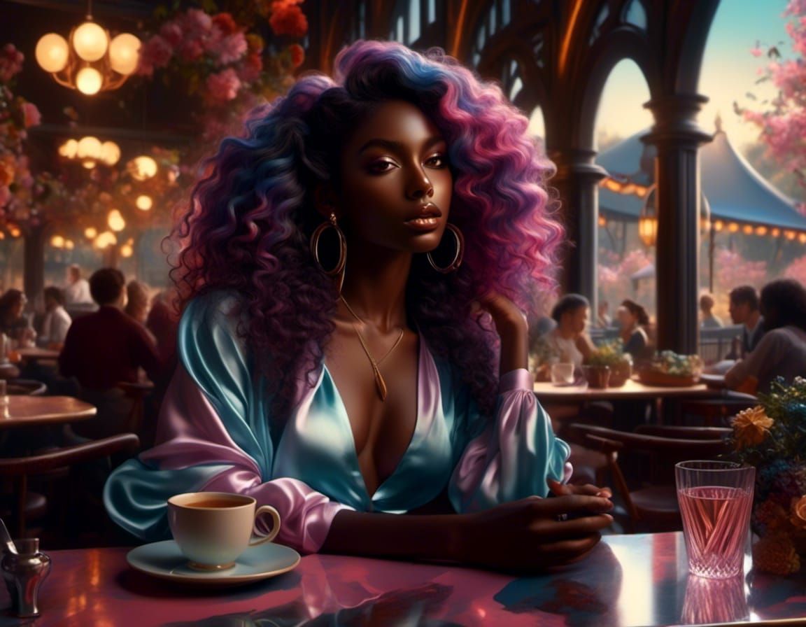 Pastel 3D Portrait of Woman in Cafe