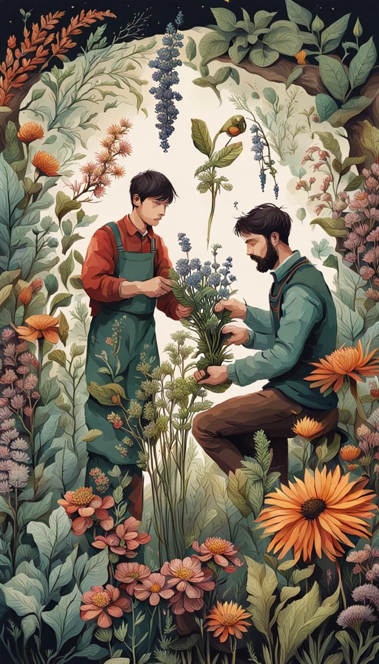 Botanist Creating Herbarium in Colored Ink Style