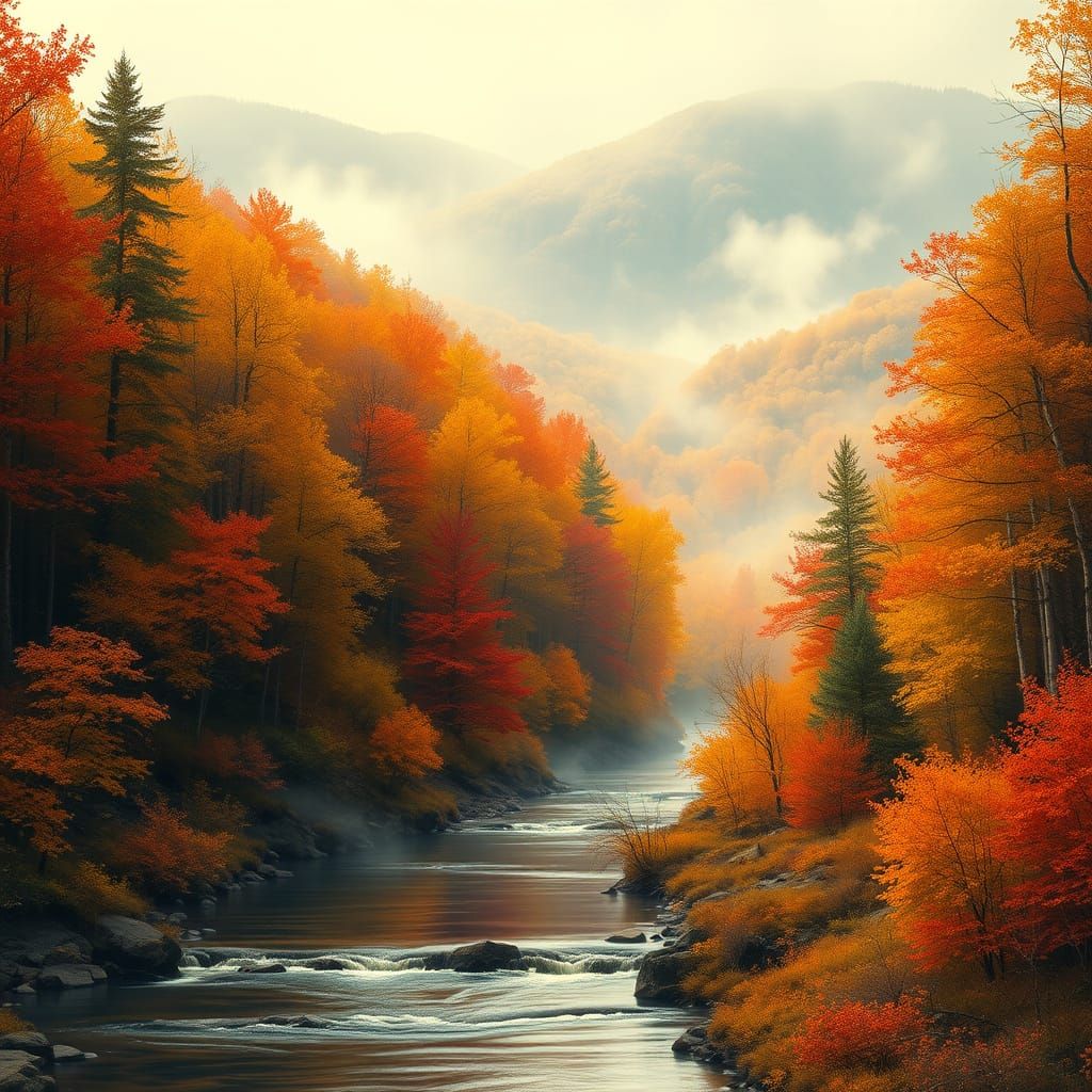 Majestic Autumn Forest Landscape in Ethereal Fog