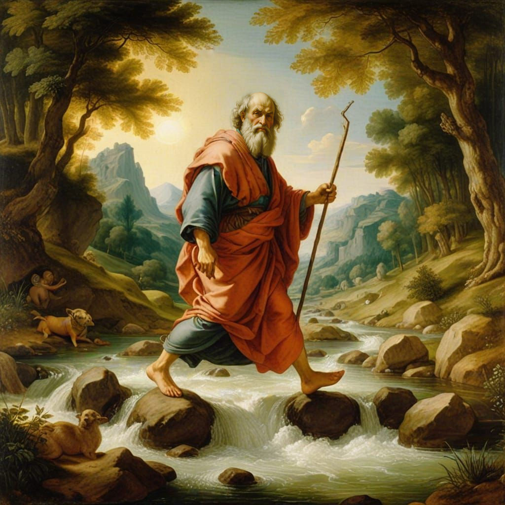 Heraclitus Crossing Stream in High Renaissance Style