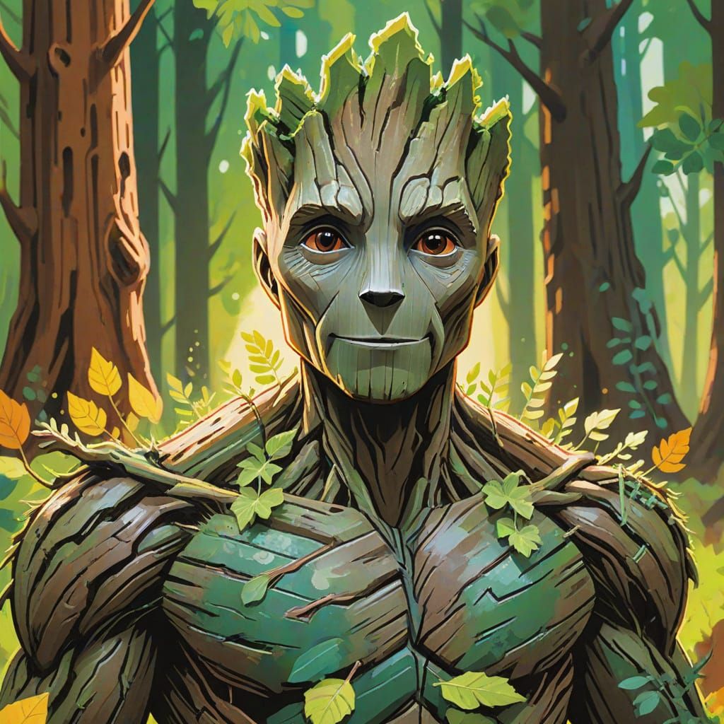 Groot Portrait in Gouache Comic Style