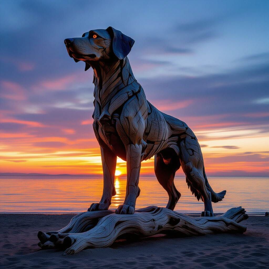 Ancient Dog Sculpture Guards Twilight Ocean