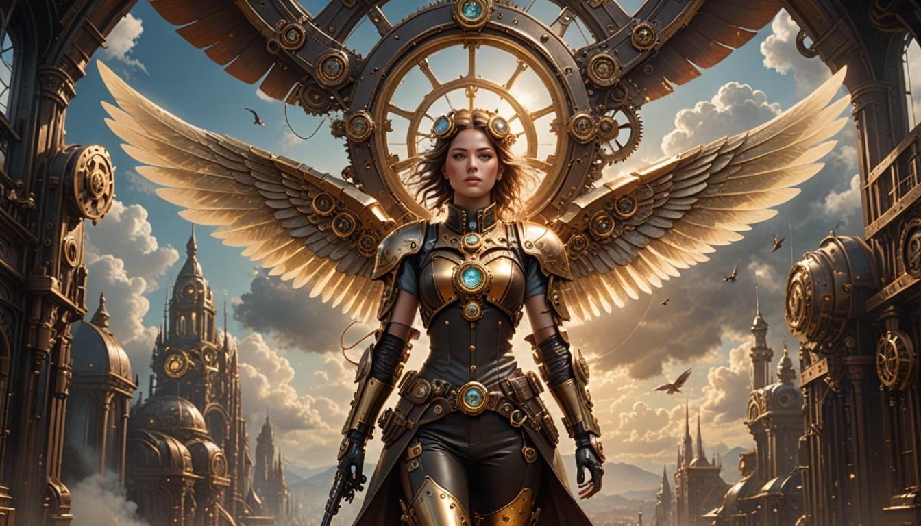 Steampunk Angel Cyborg in Heavenly Sunshine