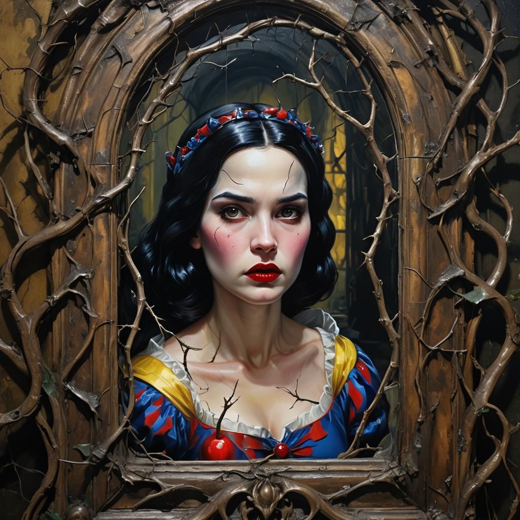 Snow White's Dark Reflection in Gothic Oil Painting