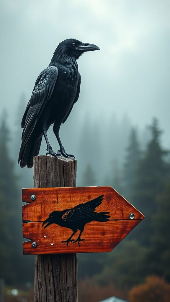Sleek Raven Silhouetted on Ancient Signpost