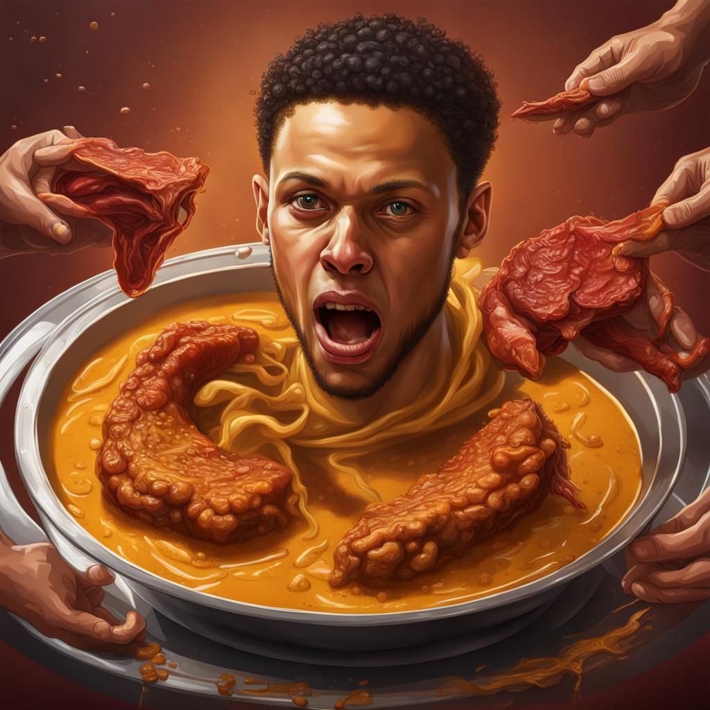 Hyperrealistic Portrait of a Person Eating Meat