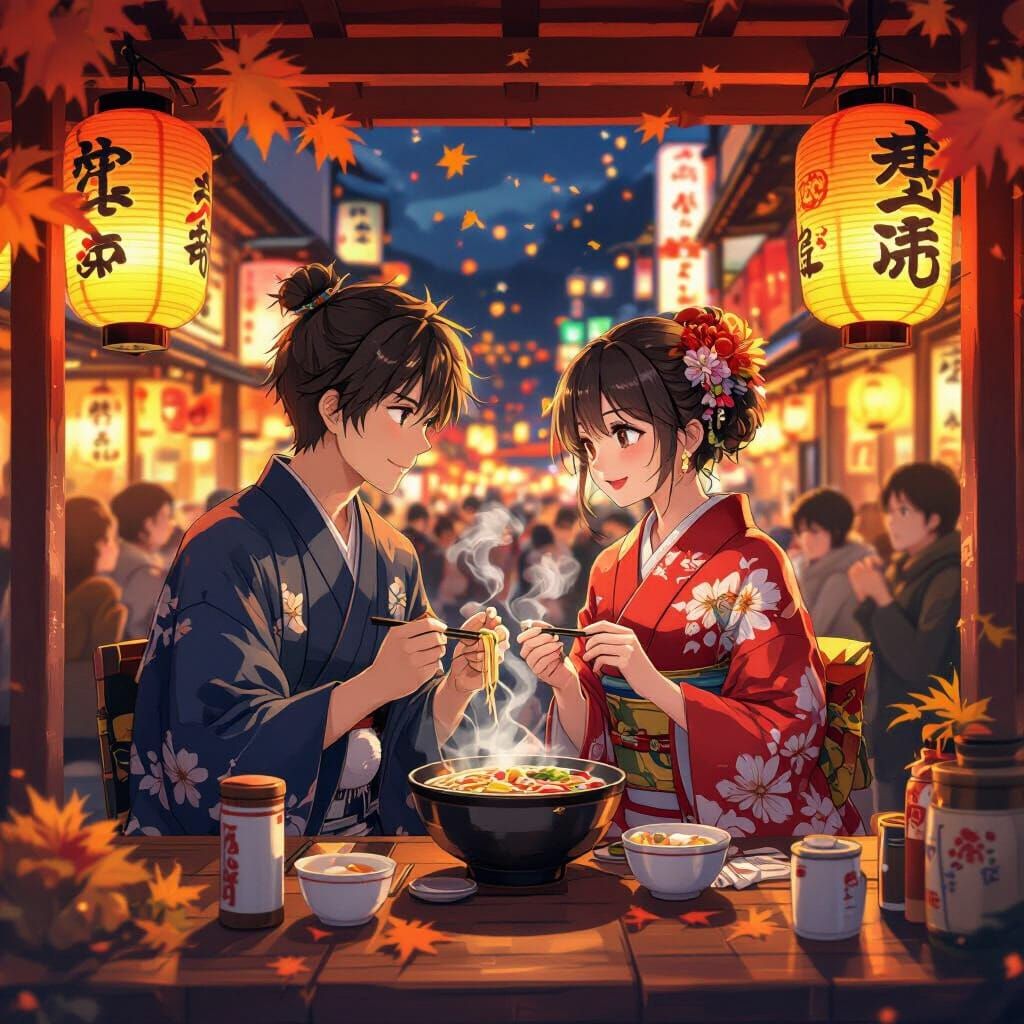 Anime Couple Sharing Ramen at Autumn Festival
