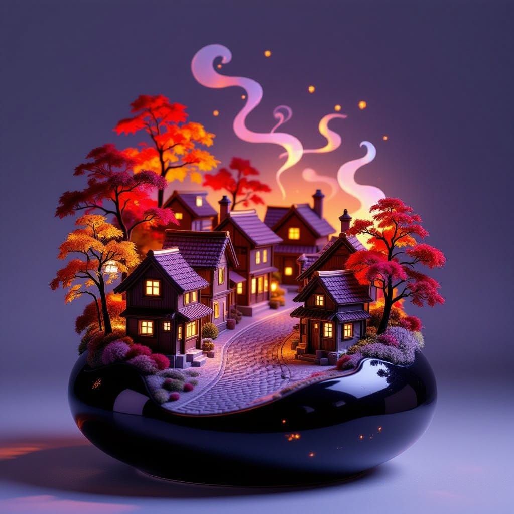 Miniature Autumn Village on Lacquered Vase