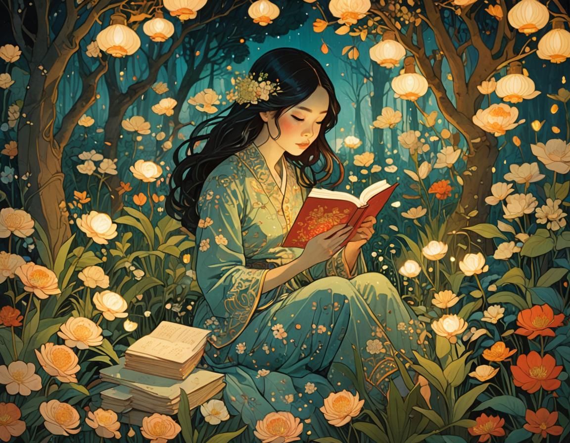 Girl Reading Letter in Lush Garden, Illustrative Style