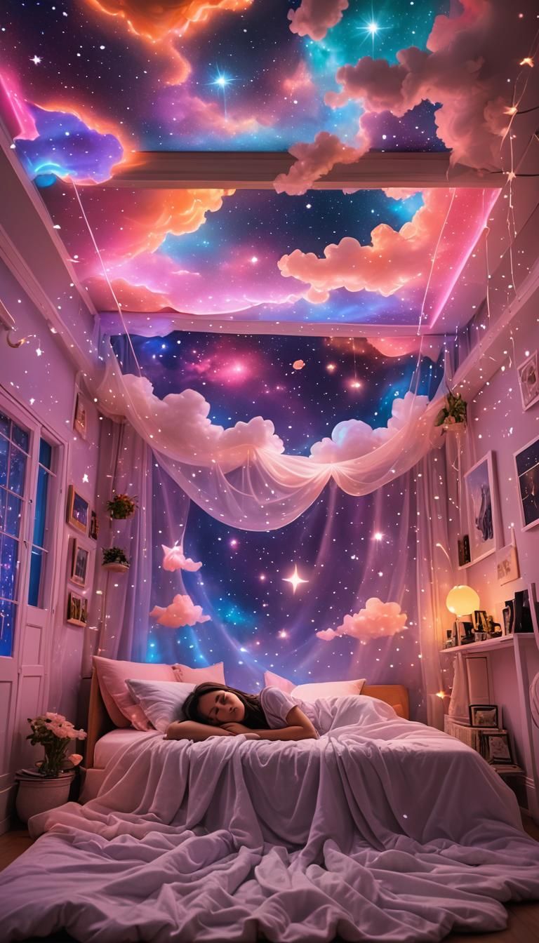 An a young girl asleep dreaming a magical dream in an ethereal space bedroom with a floating bed adorned in vibrant Abys...