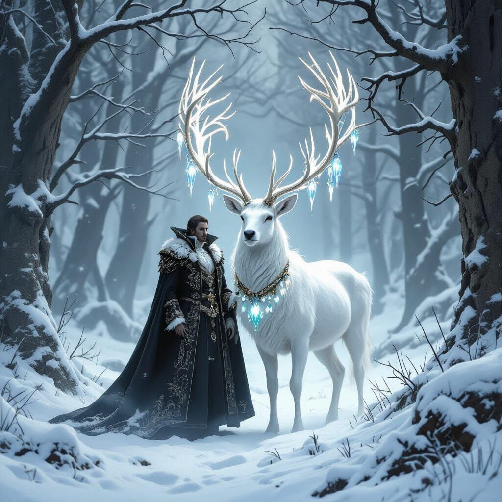 Majestic Stag with Crystalline Antlers in Dark Forest
