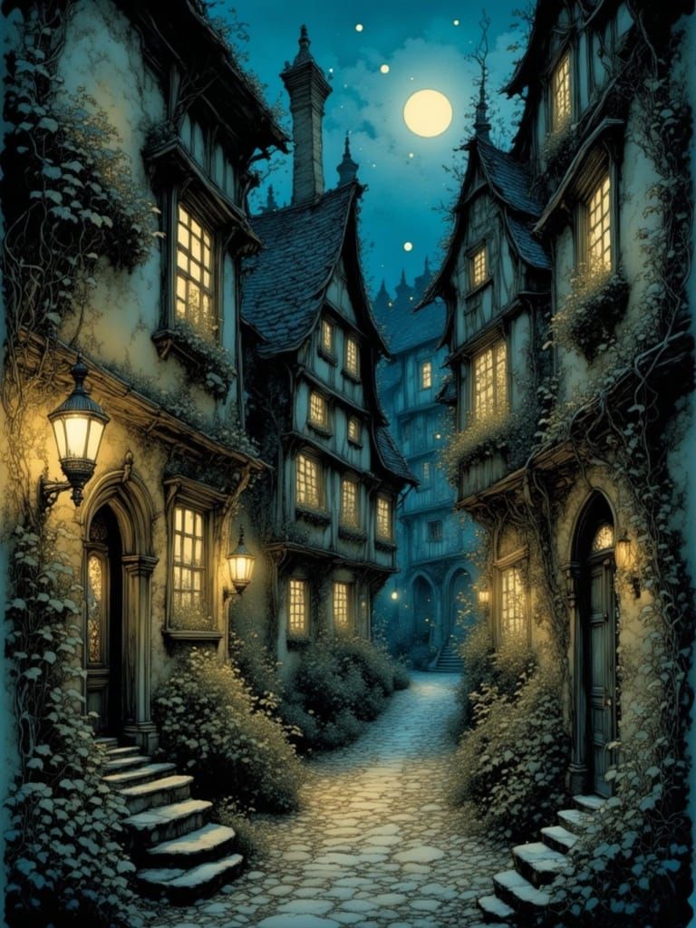 Whimsical Medieval Alley Scene in Deep, Mysterious Colors