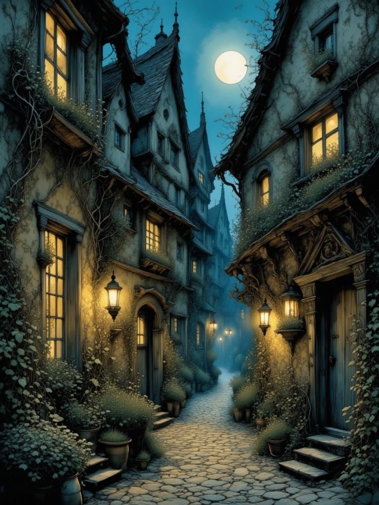 Medieval Alley Scene in Deep, Mysterious Colors