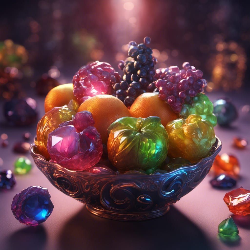 Iridescent Fruit Gems in a Bowl: Digital Art