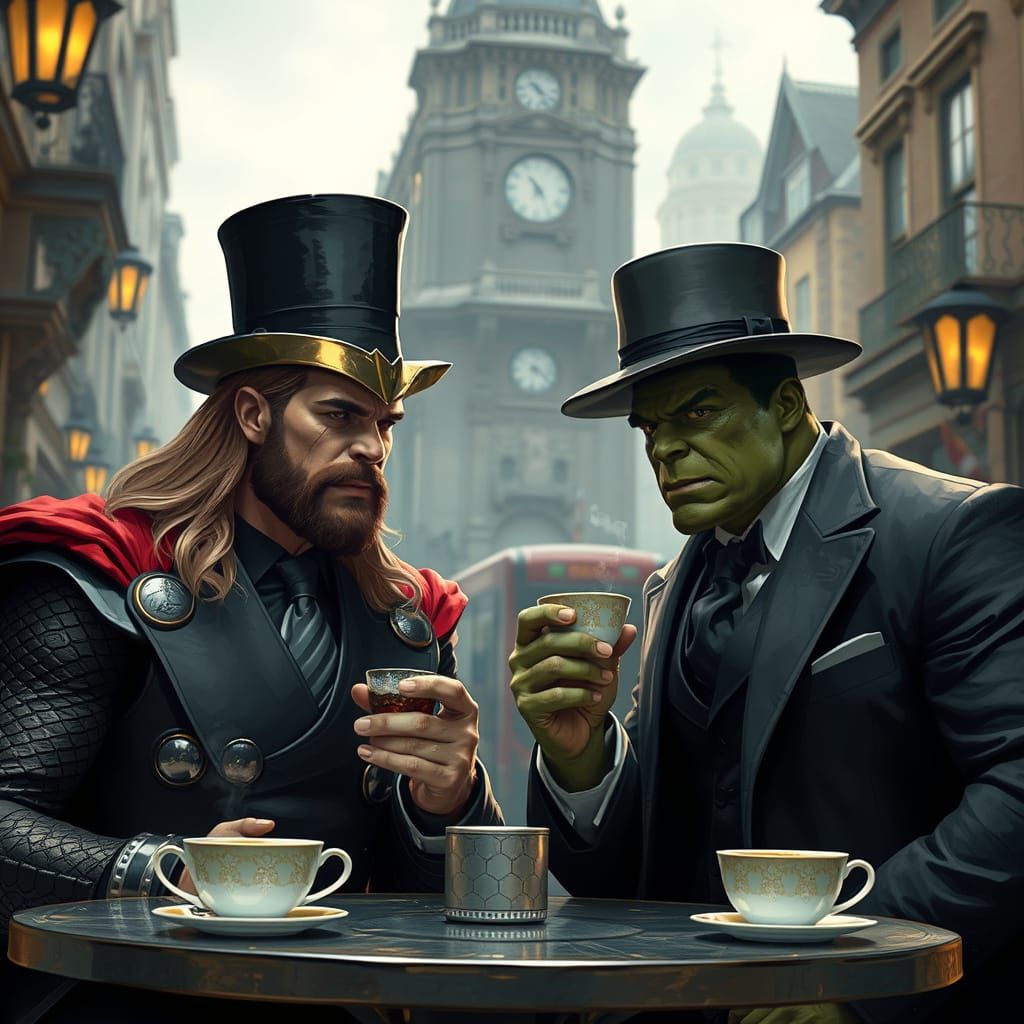 Thor and Hulk Sip Tea in London, Digital Painting