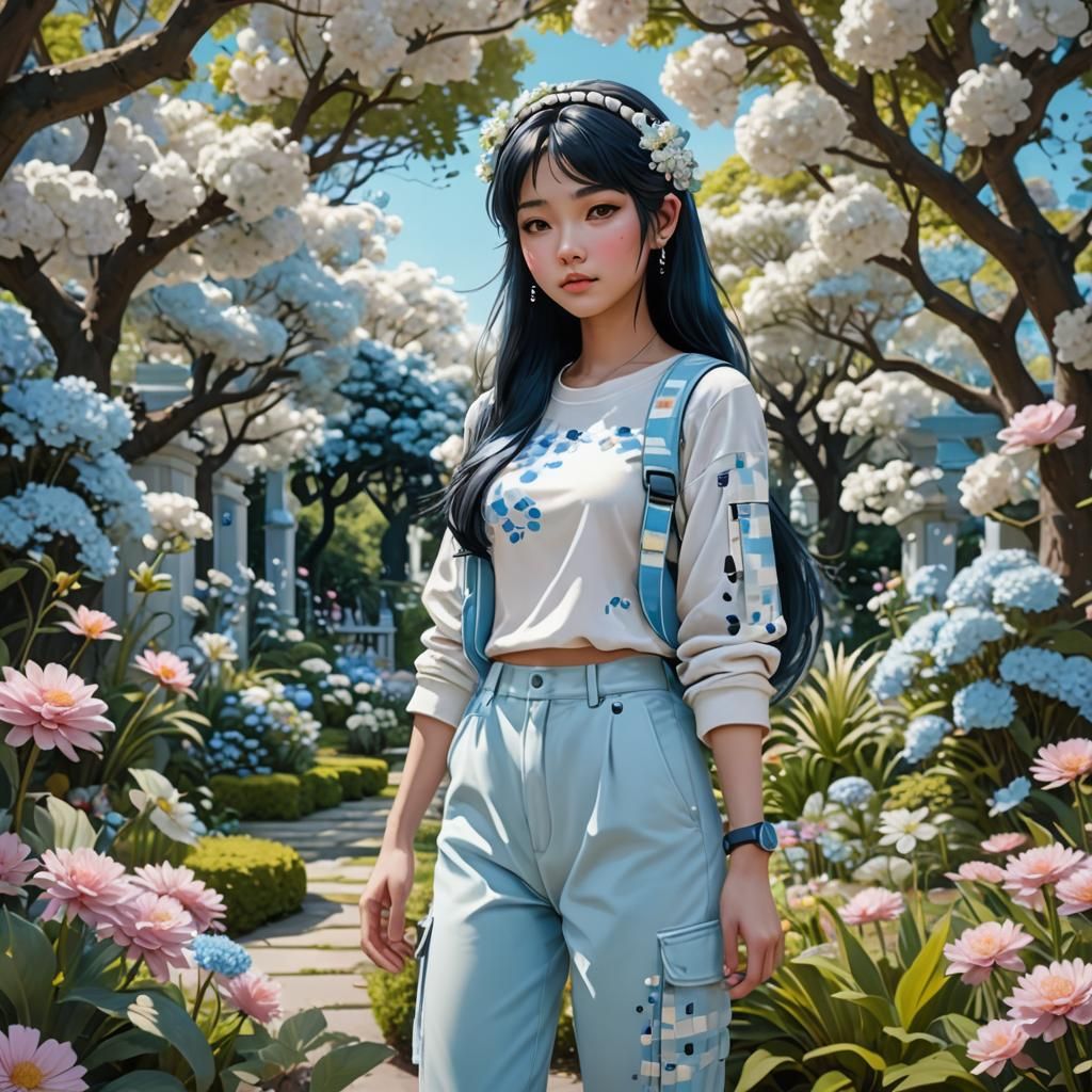 Teenage Girl in Flower Garden: Detailed Matte Painting