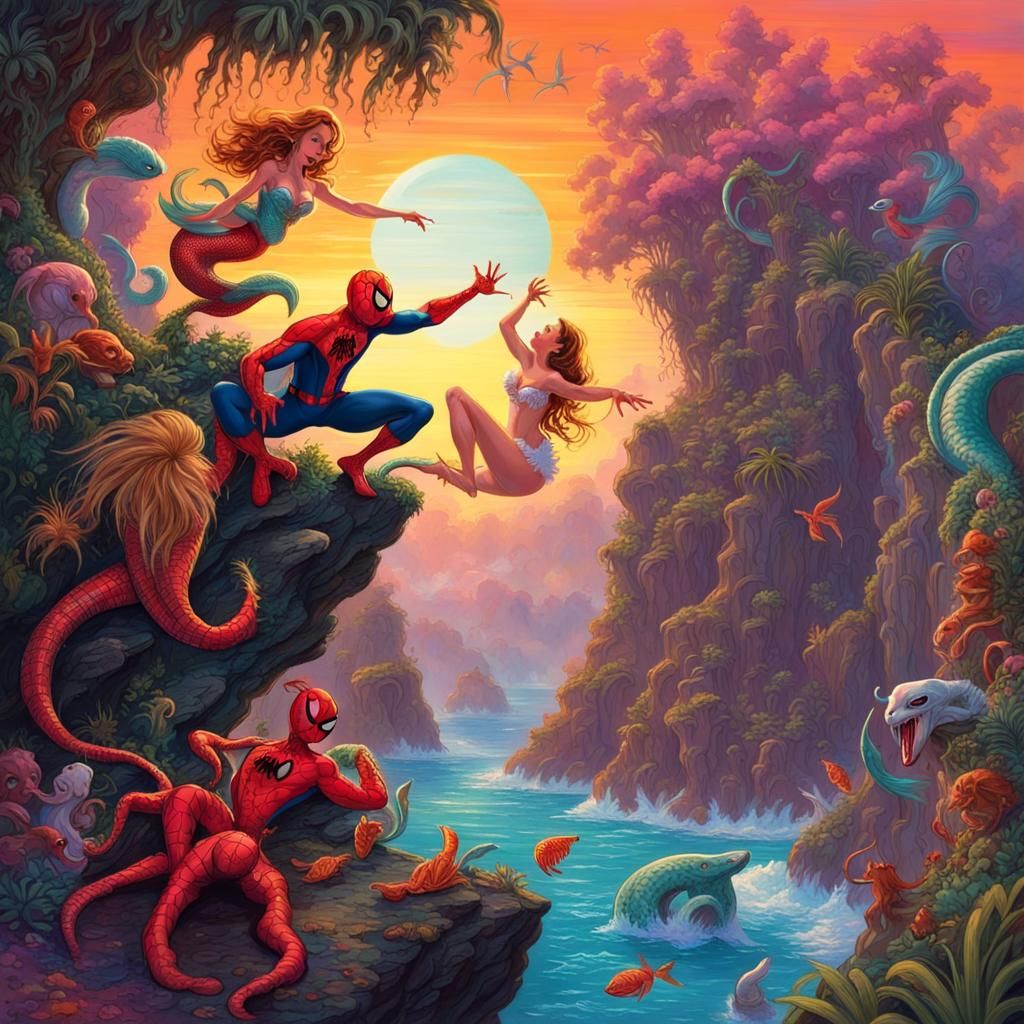 Spiderman and Mermaid Tango in Jungle Wonderland