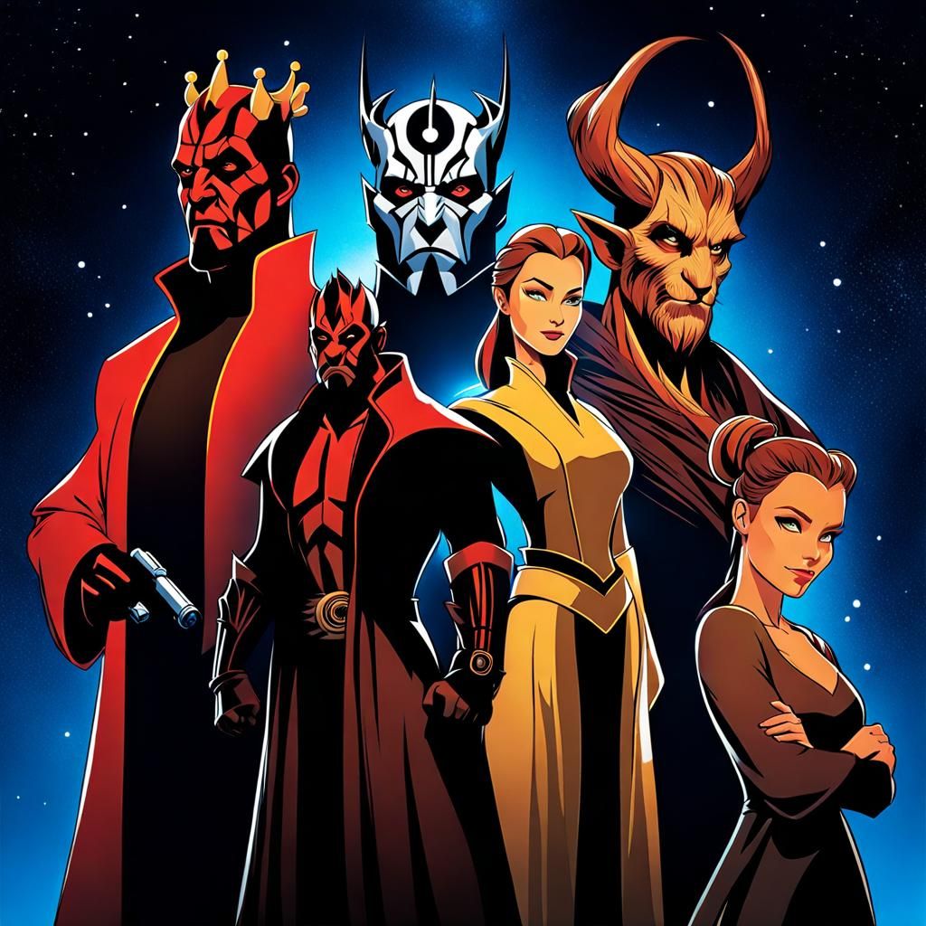 Group picture of the characters Darth Maul, qui gon jinn, Groot from gaudians of the galaxy, Belle from beauty and the b...