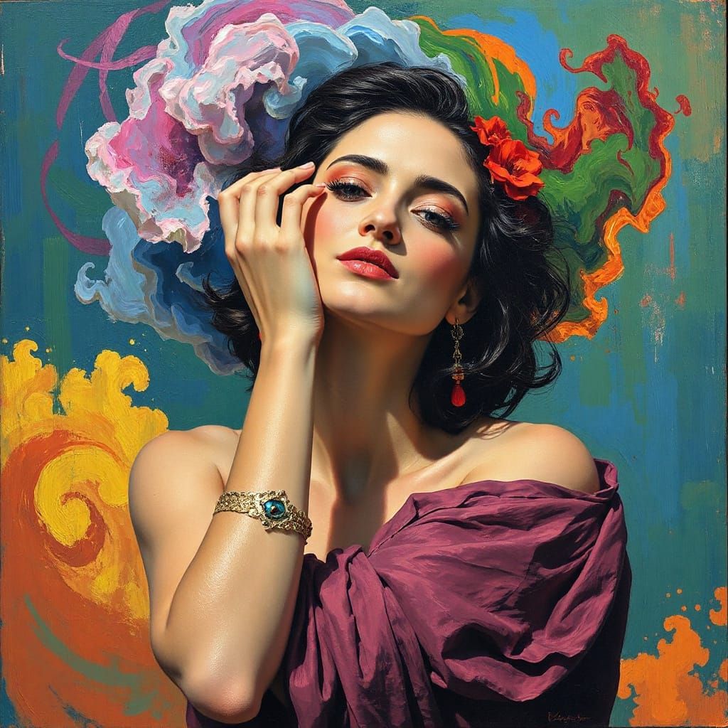 Woman Surrounded by Swirling Colors in Abstract Style