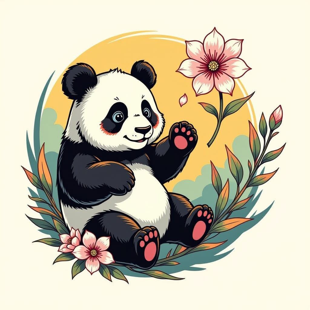 Panda Tattoo Design Chasing a Flower on Arm