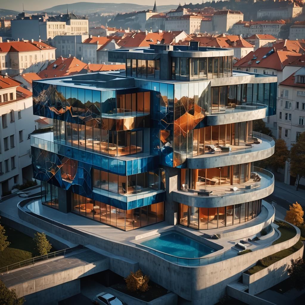 Futuristic Glass Villa in Prague, Digital Matte Painting