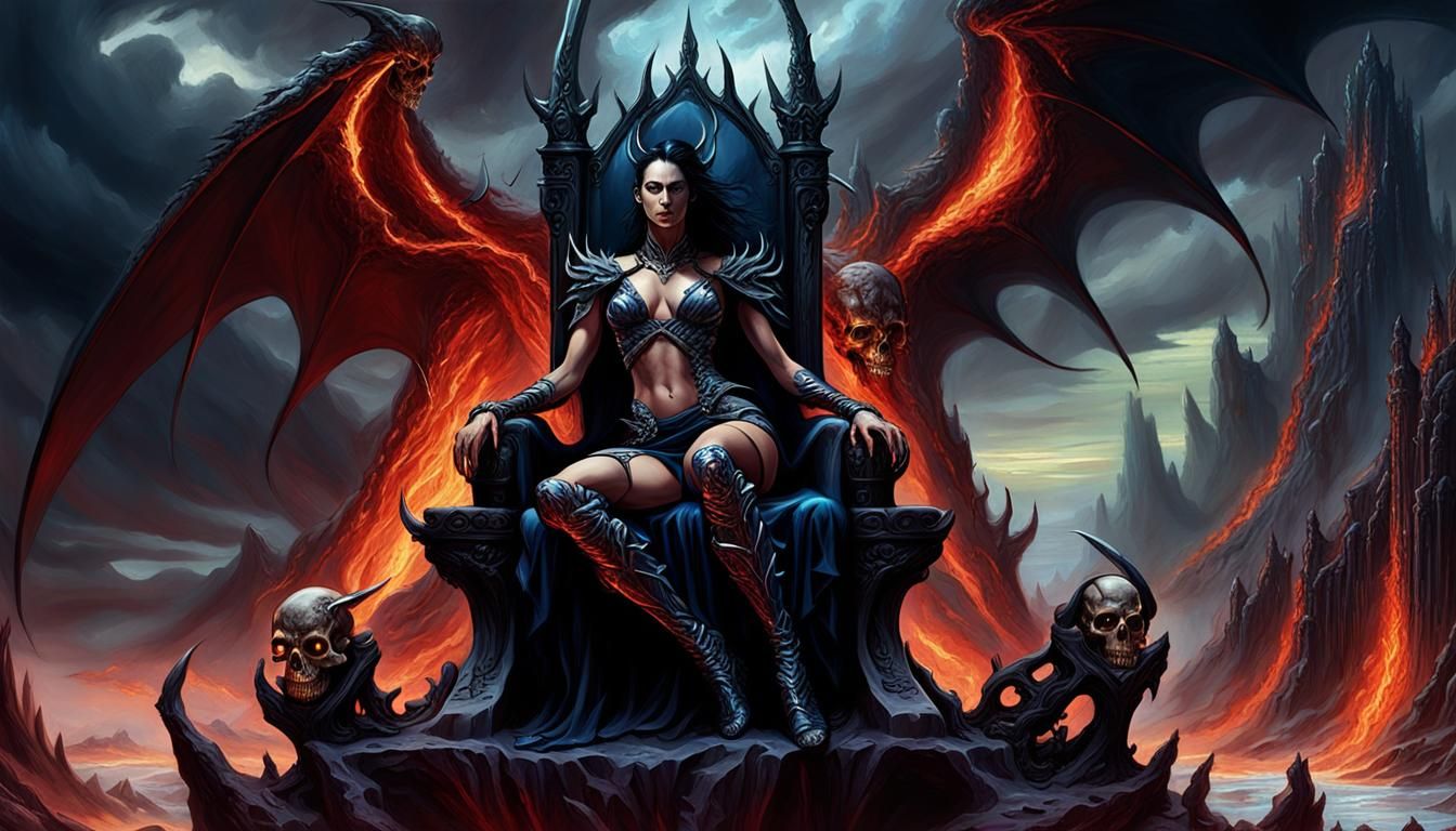 Dark Fantasy Woman on Throne, Matte Painting Style