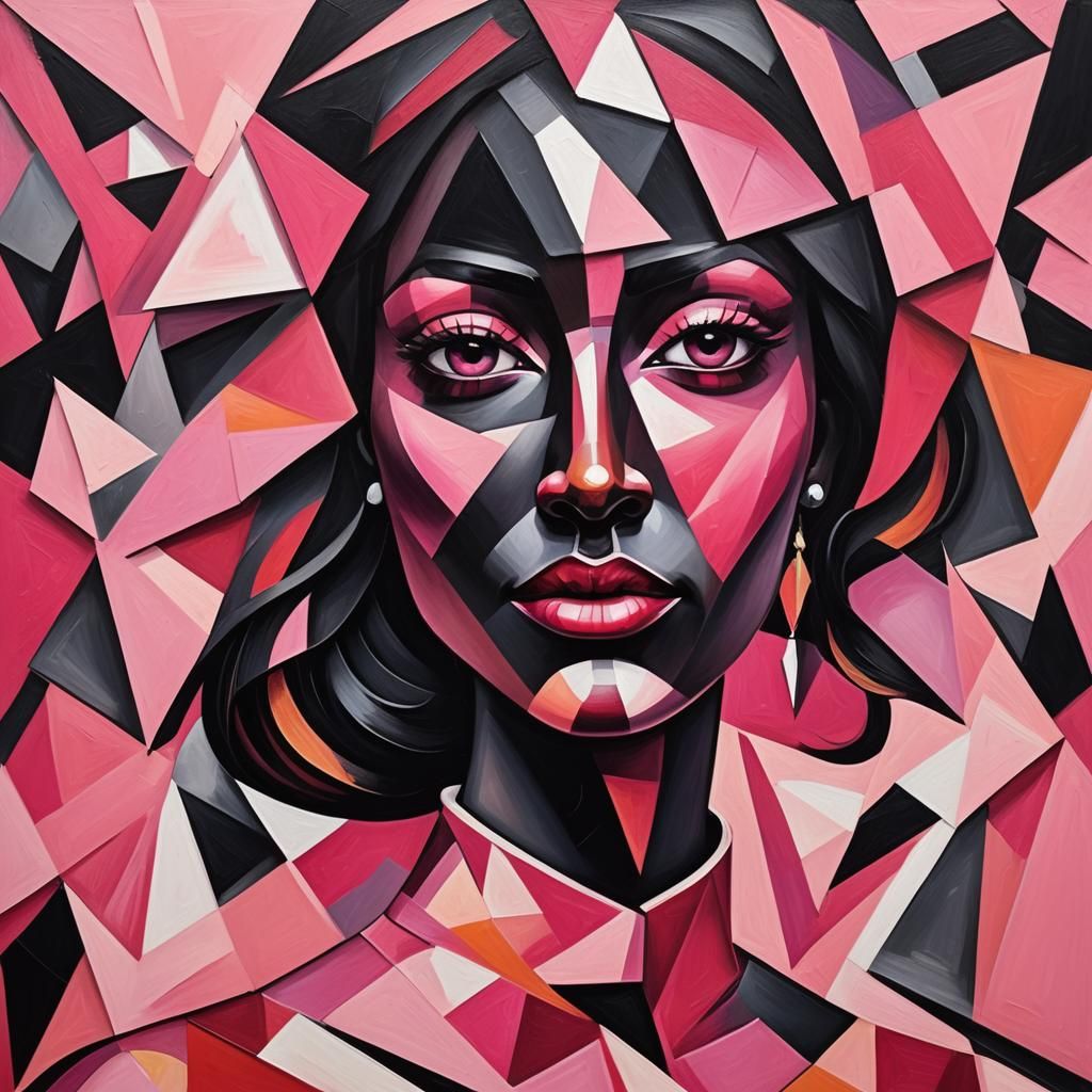 Abstract Cubist Portrait: Woman with Pink Eyes
