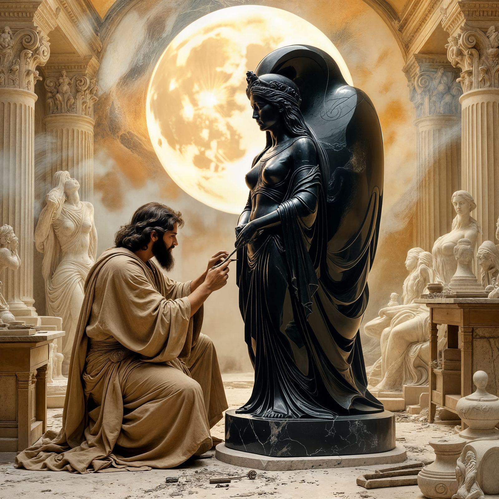 Ancient Sculptor Carving Celestial Statue in Art Nouveau Sty...