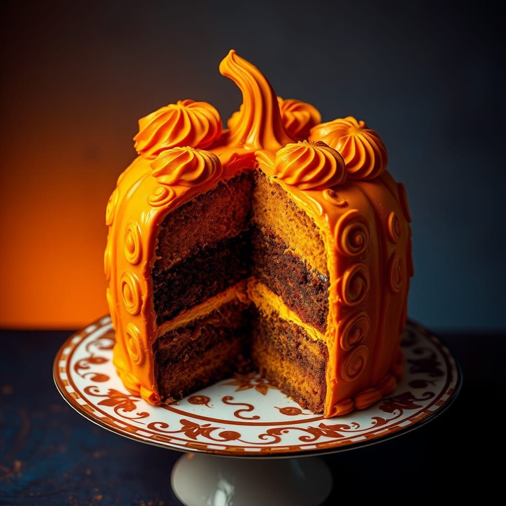Jack-o-Lantern Cake with Chocolate Filling in Splash Art Sty...