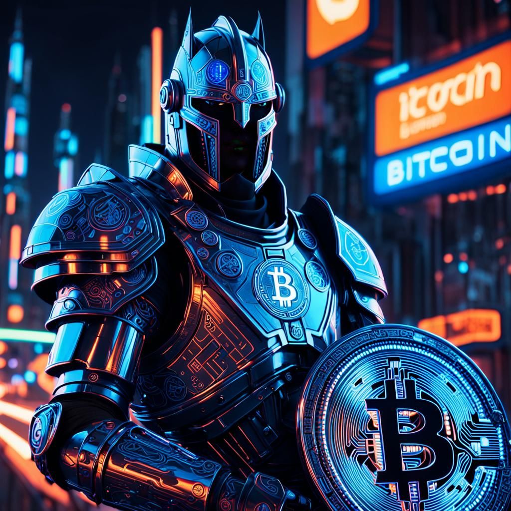 Cyberpunk Knight with Bitcoin Shield in Neon Cityscape