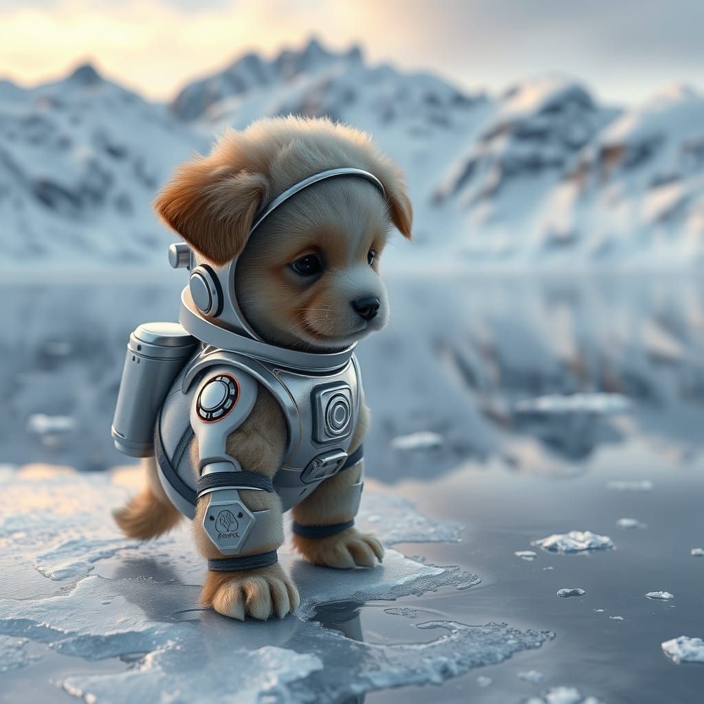 Photorealistic Sci-Fi Puppy Contemplates Cosmic Reflection