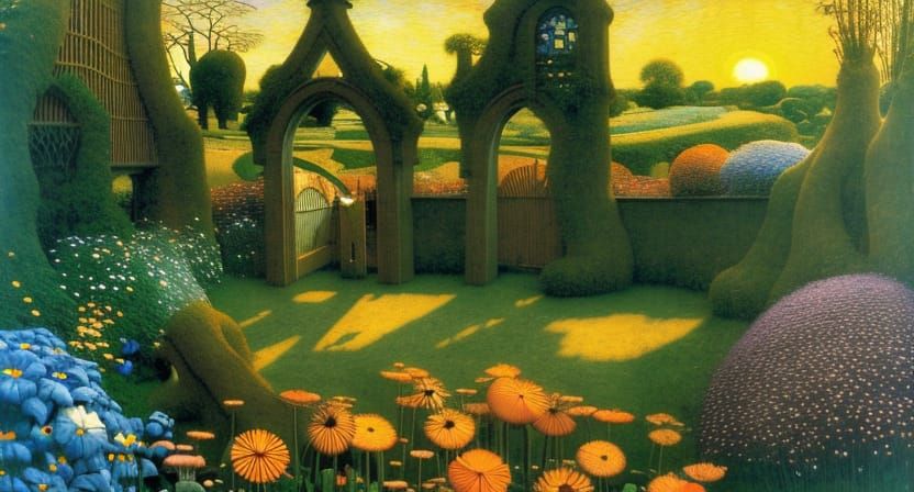 Sunrise Garden with Wildflowers in Art Nouveau Style