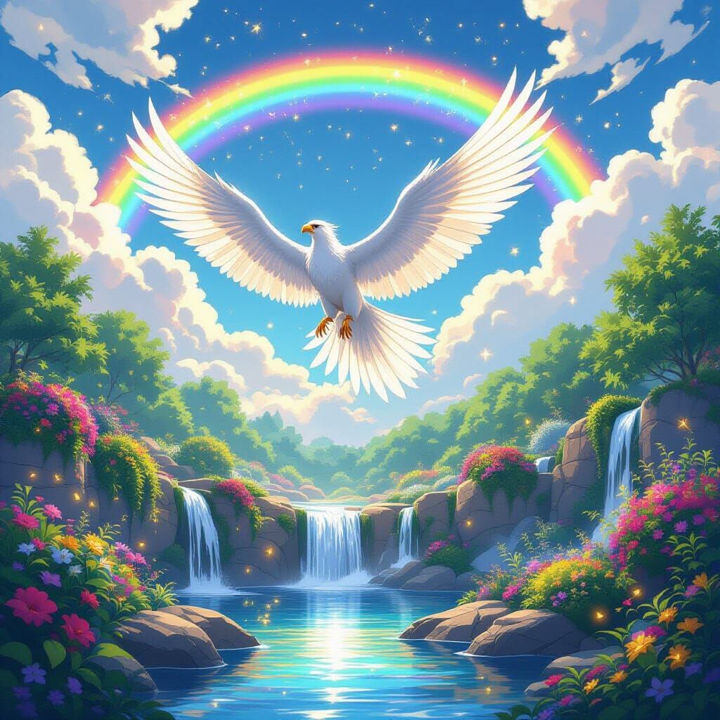 Griffin Soaring Above Rainbow Garden in Anime Style