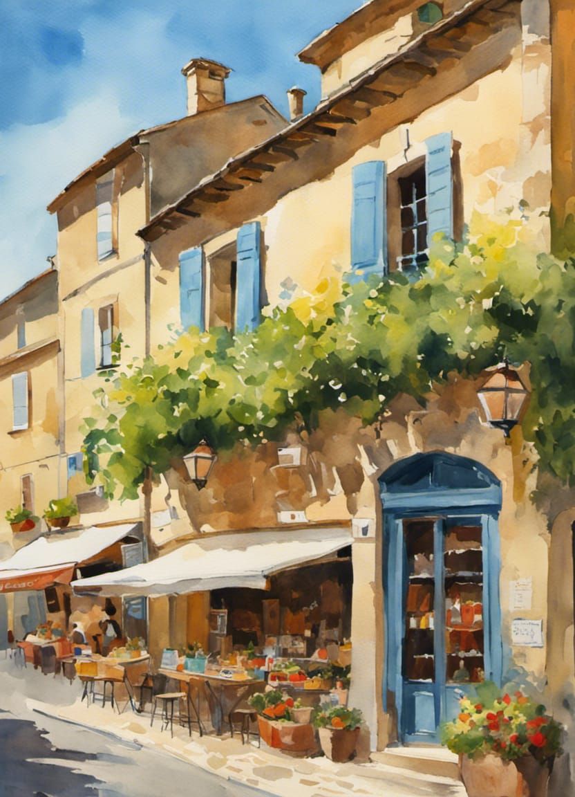 Lourmarin France Street Scene in Gouache Style