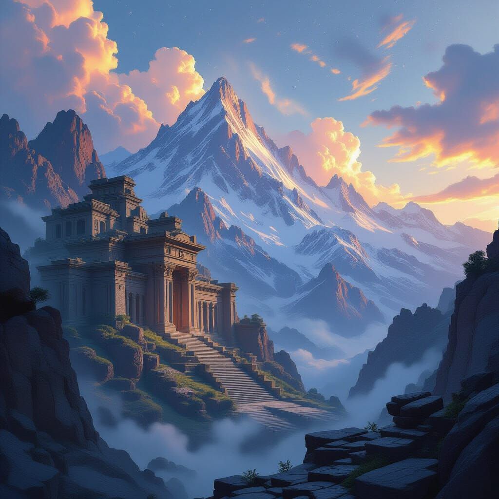 Majestic Mountain Range with Ancient Ruins and Ethereal Ligh...