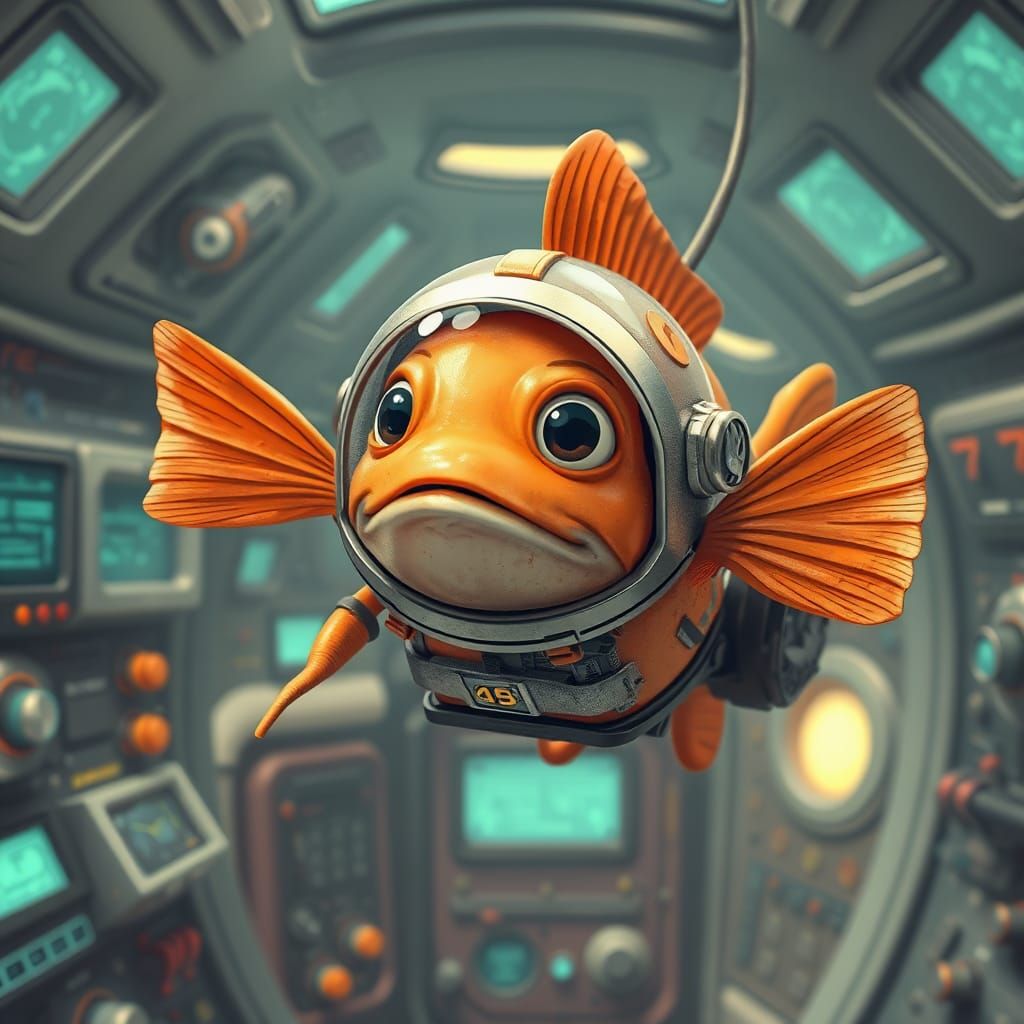 Bewildered Fish-Astronaut in Futuristic Space, Animated Styl...