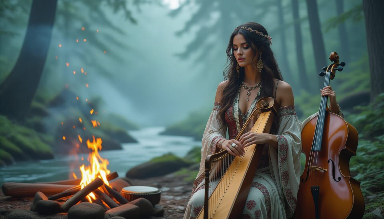 Mystical Bohemian Woman in Misty Forest with Ritual Fire