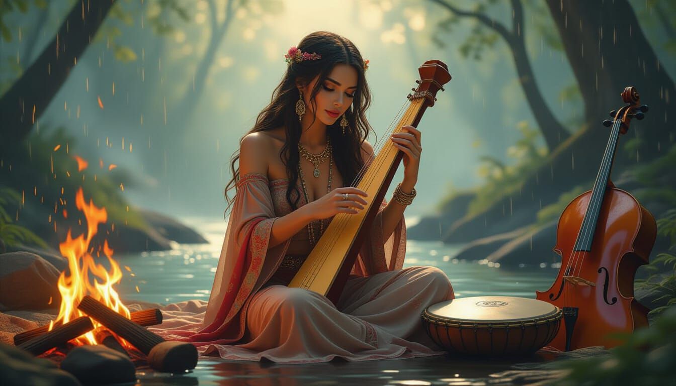 Bohemian Woman Plays Harp in Mystical Forest
