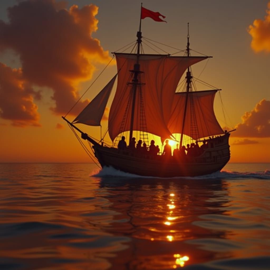 Medieval Ship at Sunset with Eccentric Travelers
