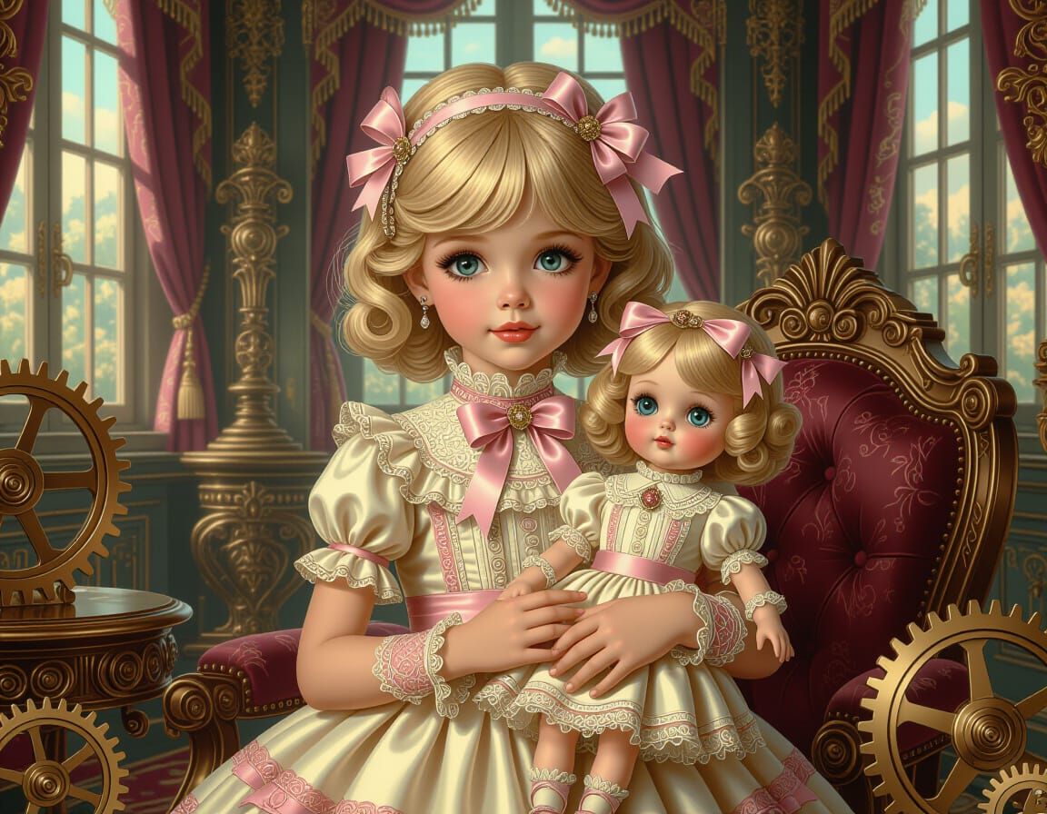 Steampunk Anime Girl with Doll in Elaborate Interior