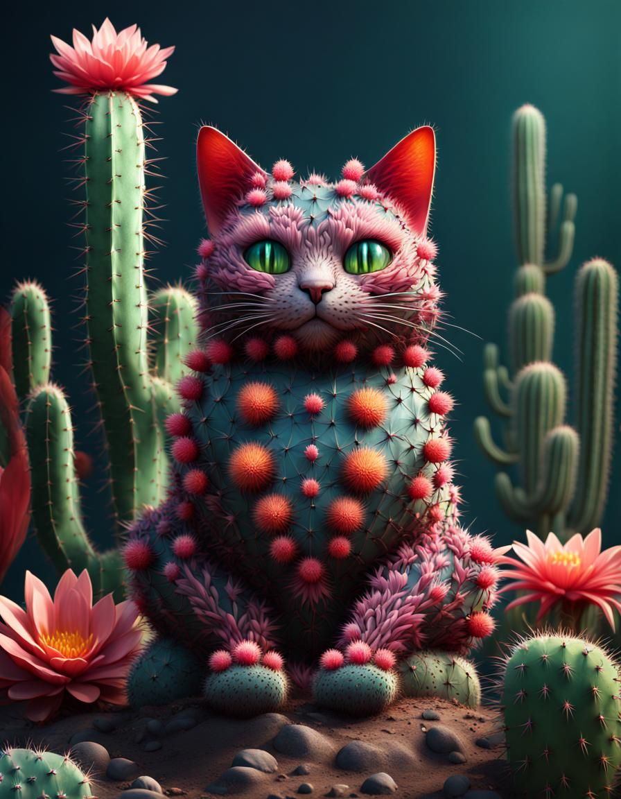 Blooming Cactus Cat: Detailed Matte Painting