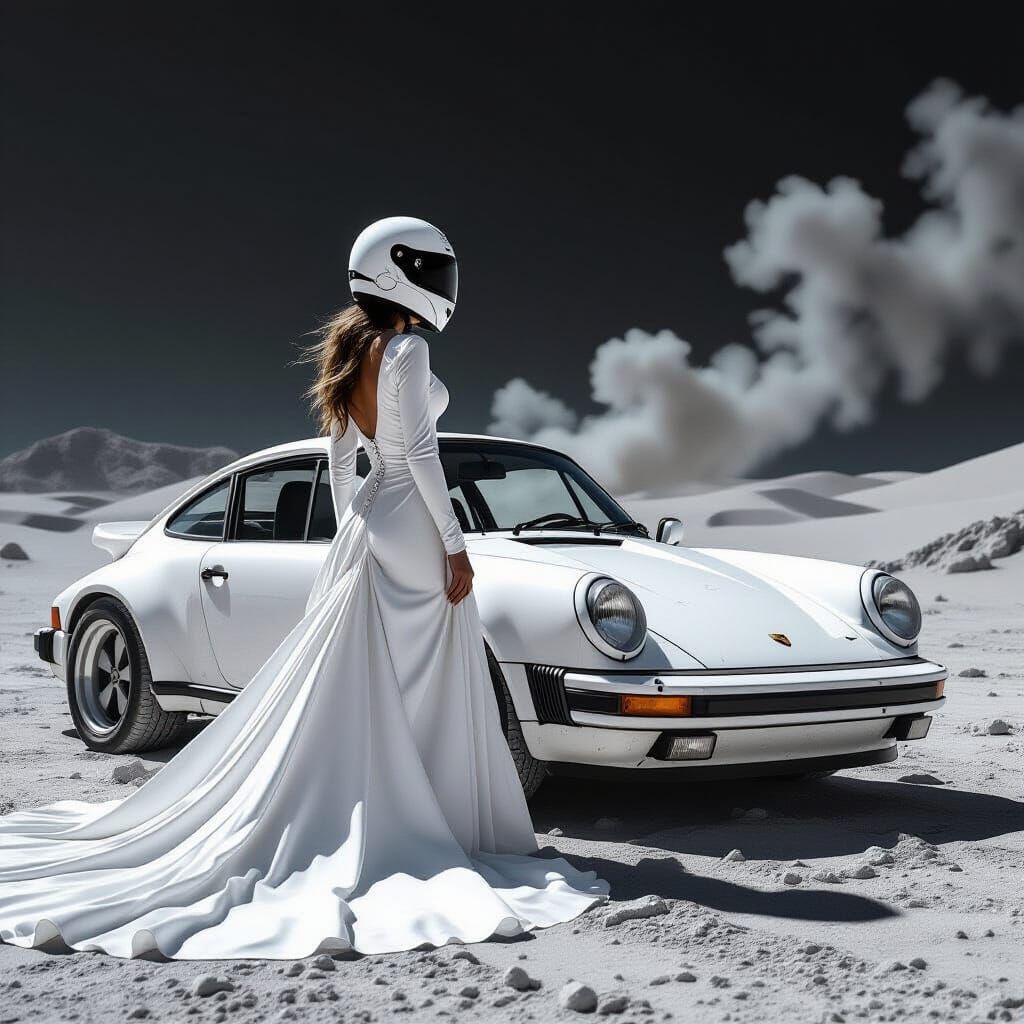 Steampunk Woman with Porsche in Desert Landscape