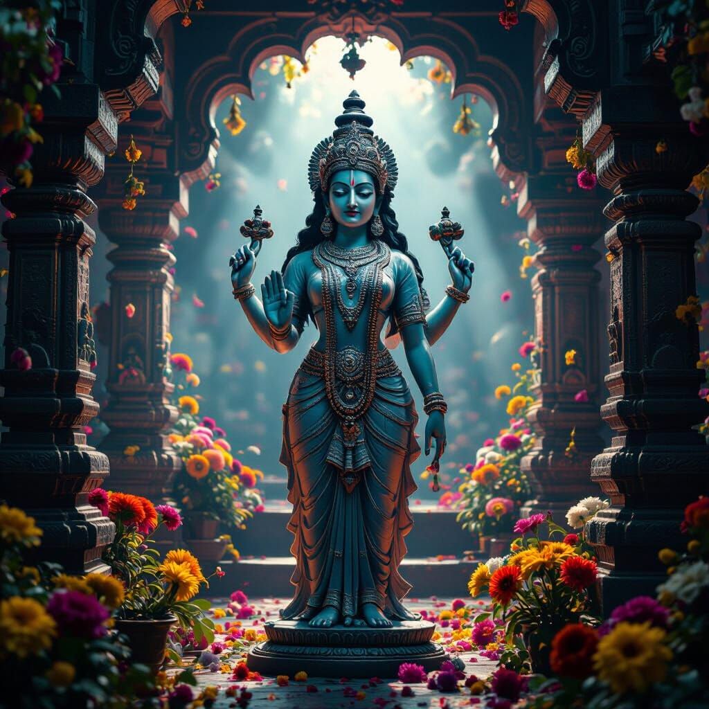 Serene Hindu Goddess Statue in Vibrant Indian Temple
