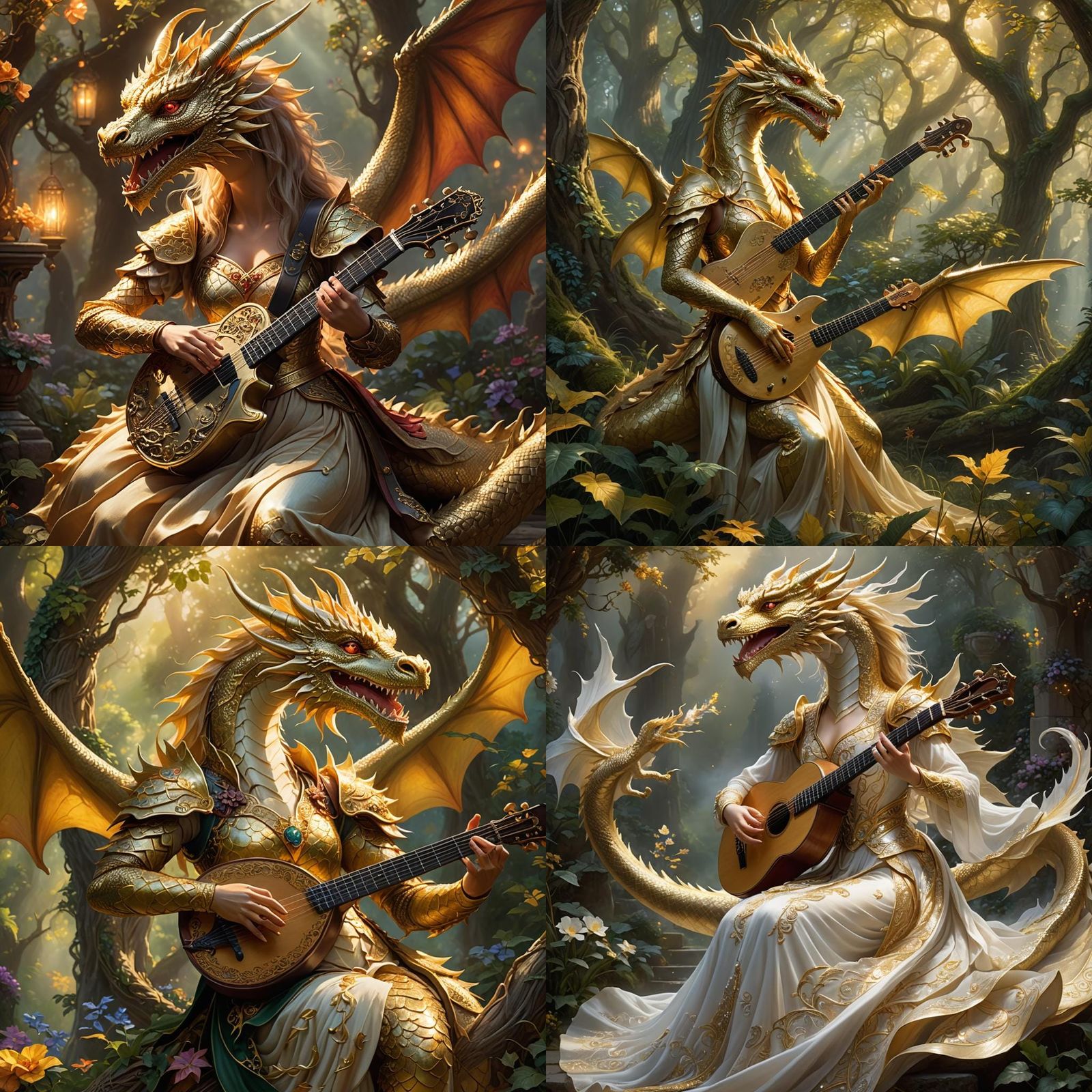 Human-Sized Gold Dragon Plays Lute in Ethereal Fantasy Style