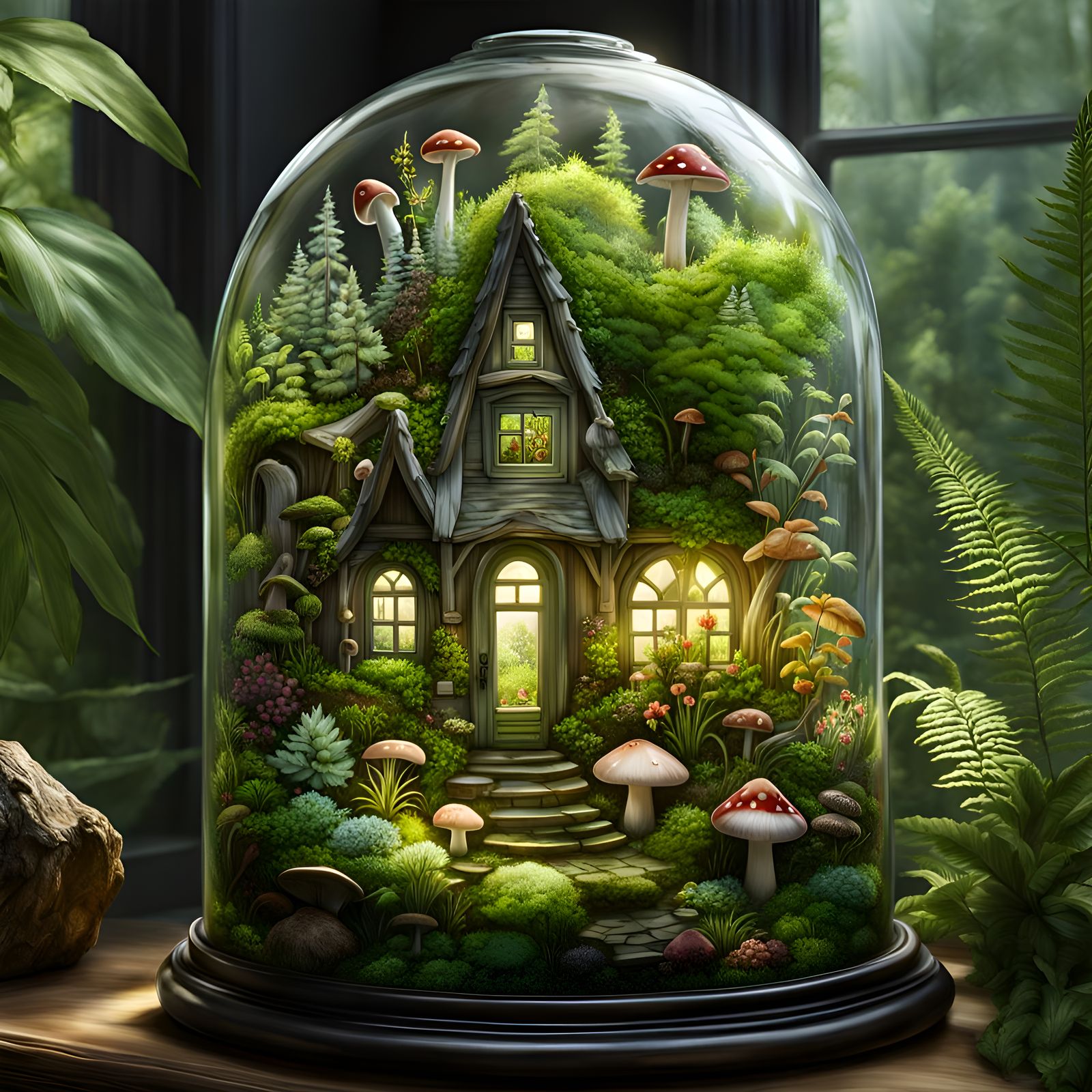 Lush Miniature Garden Ecosystem in Glass Terrarium